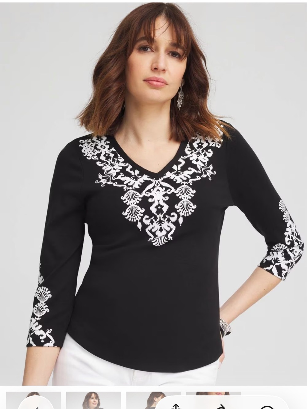 Chico's Black 3/4 length sleeve V-Neck Top with White Embroidered Motif size 3